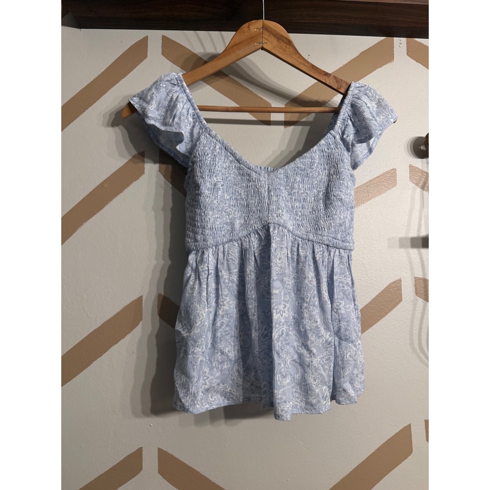 Hollister Smocked Top Womens XS Blue Paisley Flutter Sleeve Babydoll Crop